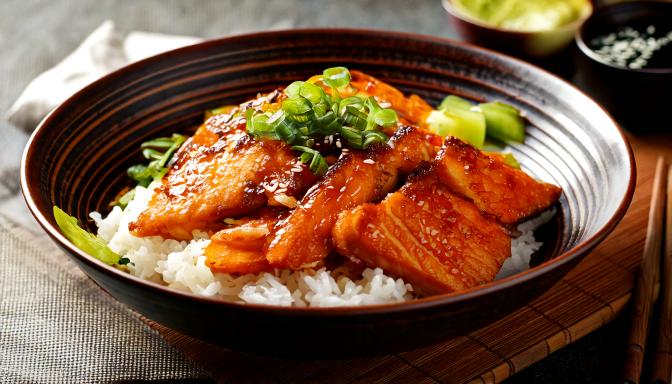 warm teriyaki salmon rice bowl